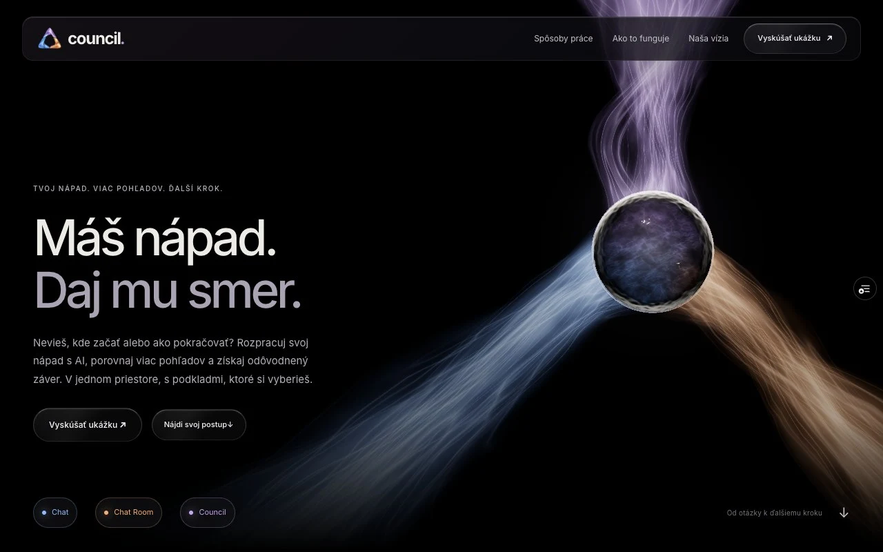 Landing page Council s priestorovými scénami a tromi spôsobmi práce.