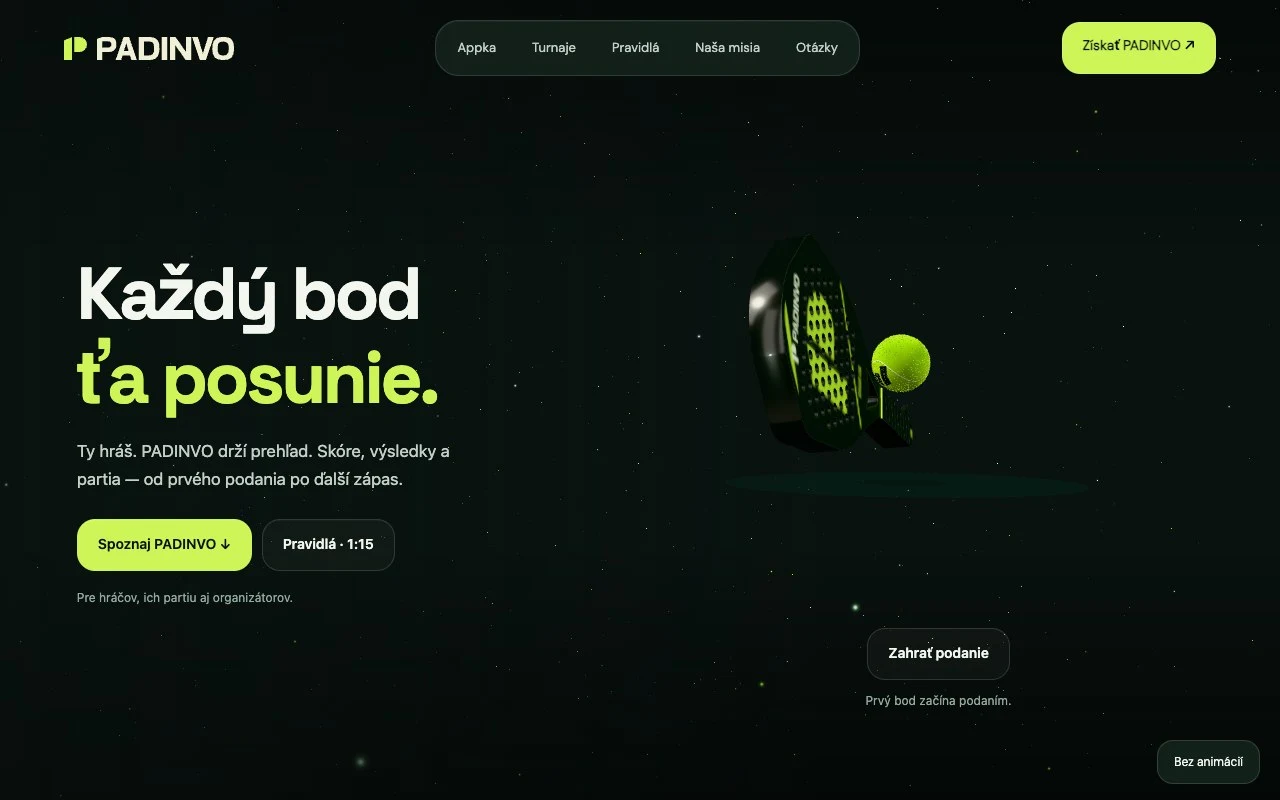 Najnovšia landing page PADINVO: padel, produkt a pohyb v jednej stránke.